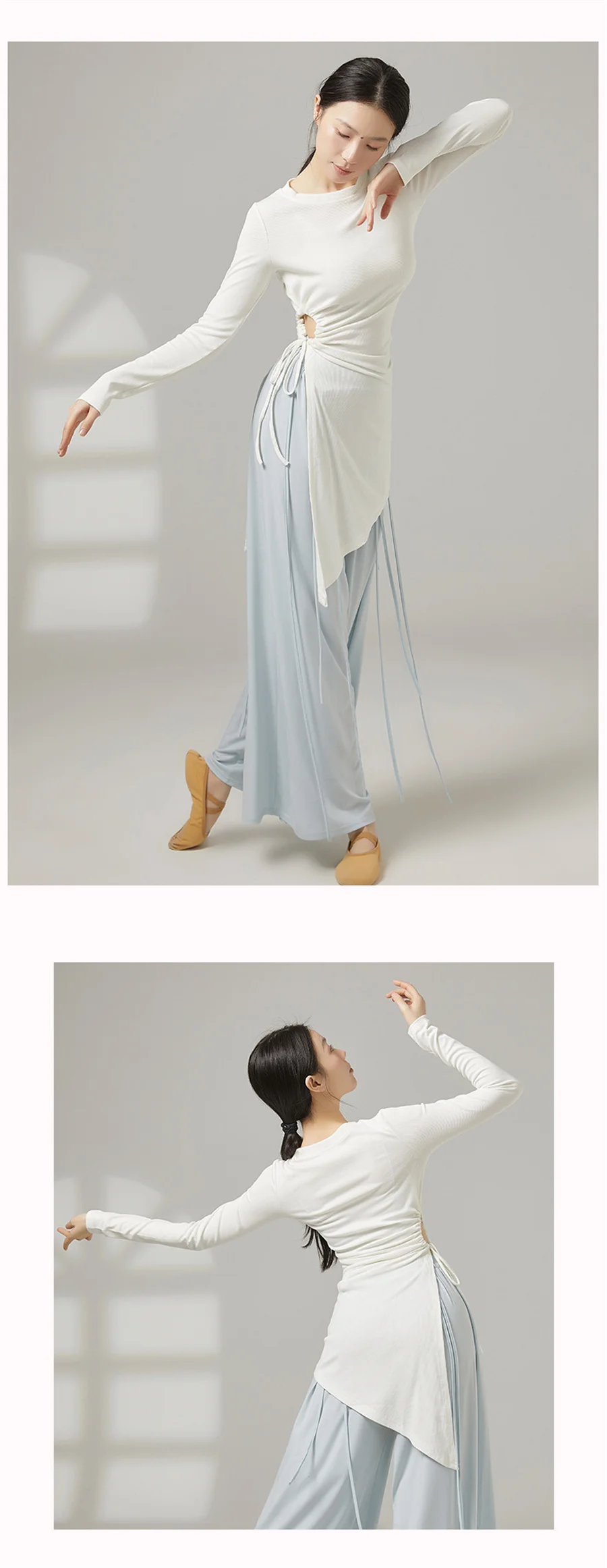 Damen-T-Shirt für modernen Tanz, asymmetrischer Saum, geripptes Yoga-Oberteil für Damen, Kordelzug an der Taille, Ballett-Trainingskostüm, klassischer Tanz – Detail 4