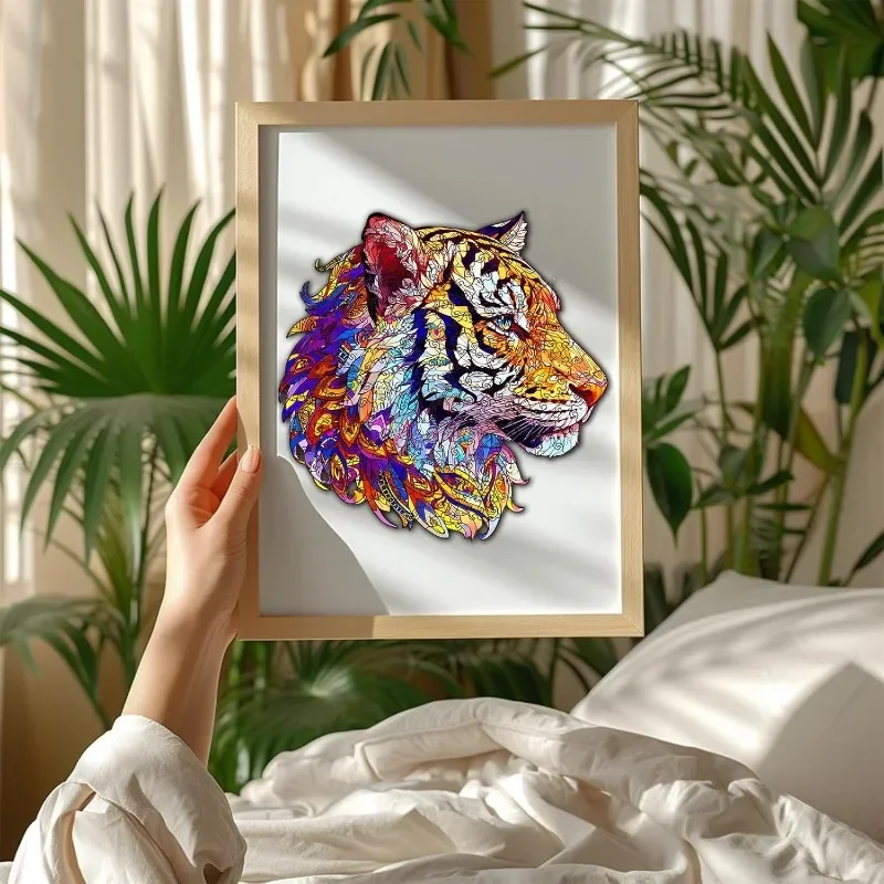 200Pcs Tiger Wooden Jigsaw Puzzles for Adults 28x28cm Wood Adult Puzzles Unique Shaped Wooden Colorful Jigsaw
