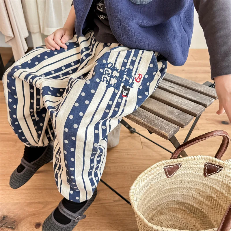 

Autumn Children Cartoon Bear Loose Harem Pants Kids Striped Dots Casual Pants Girl Baby Embroidery Letter Cotton Fashoin Trouser