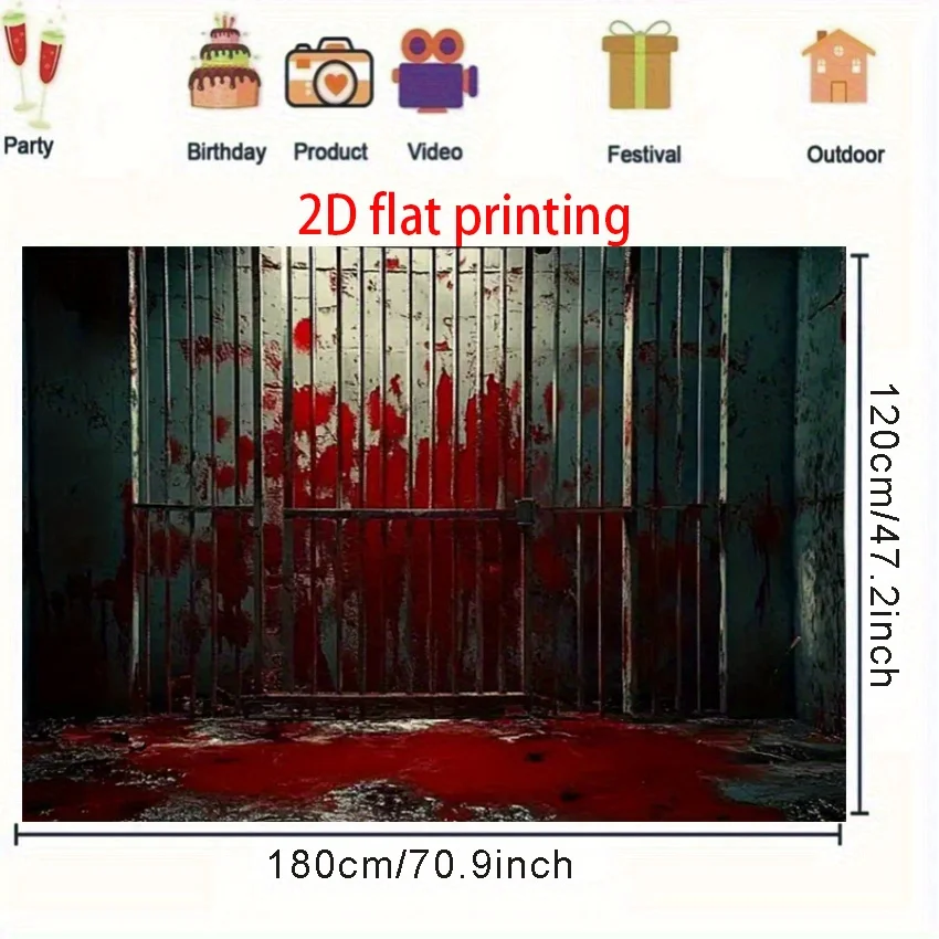 2D flaches 1-teiliges Polyester-Hintergrundbanner mit Horror-Motiv – Blutiges Gefängnis-Design mit rotem Blutspritzer, Halloween-Dekoration – Detail 6