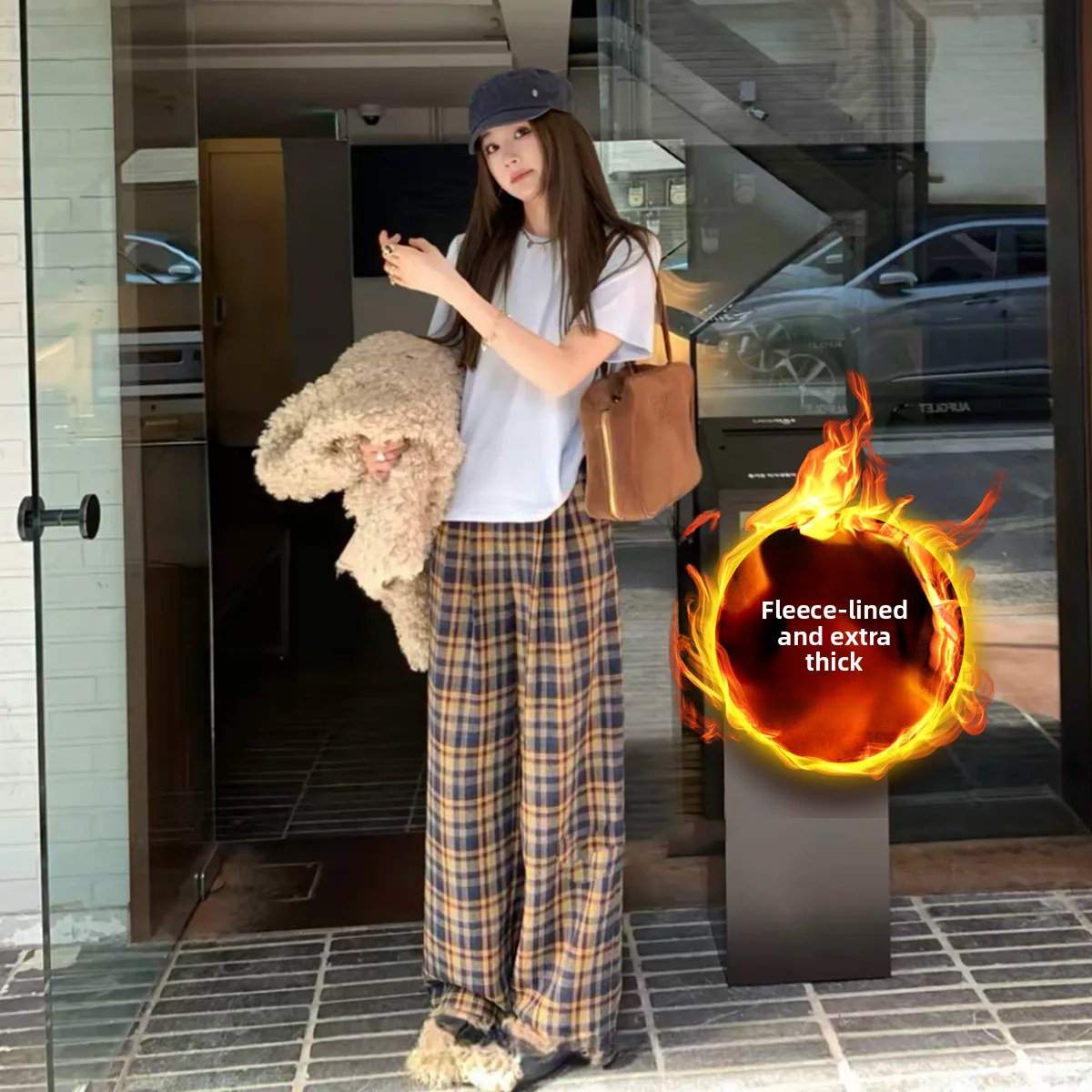 Lamb Velvet Fce Lined Thi Plaid Casual Pants Women Winter Home Straight Leg Wide Leg Cotton Spwear Trousers