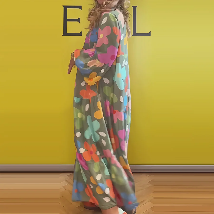 Nuovi abiti lunghi stampati larghi per le donne Abito maxi a maniche lunghe autunnale alla moda da donna Vestito estivo da vacanza al mare bohémien 2