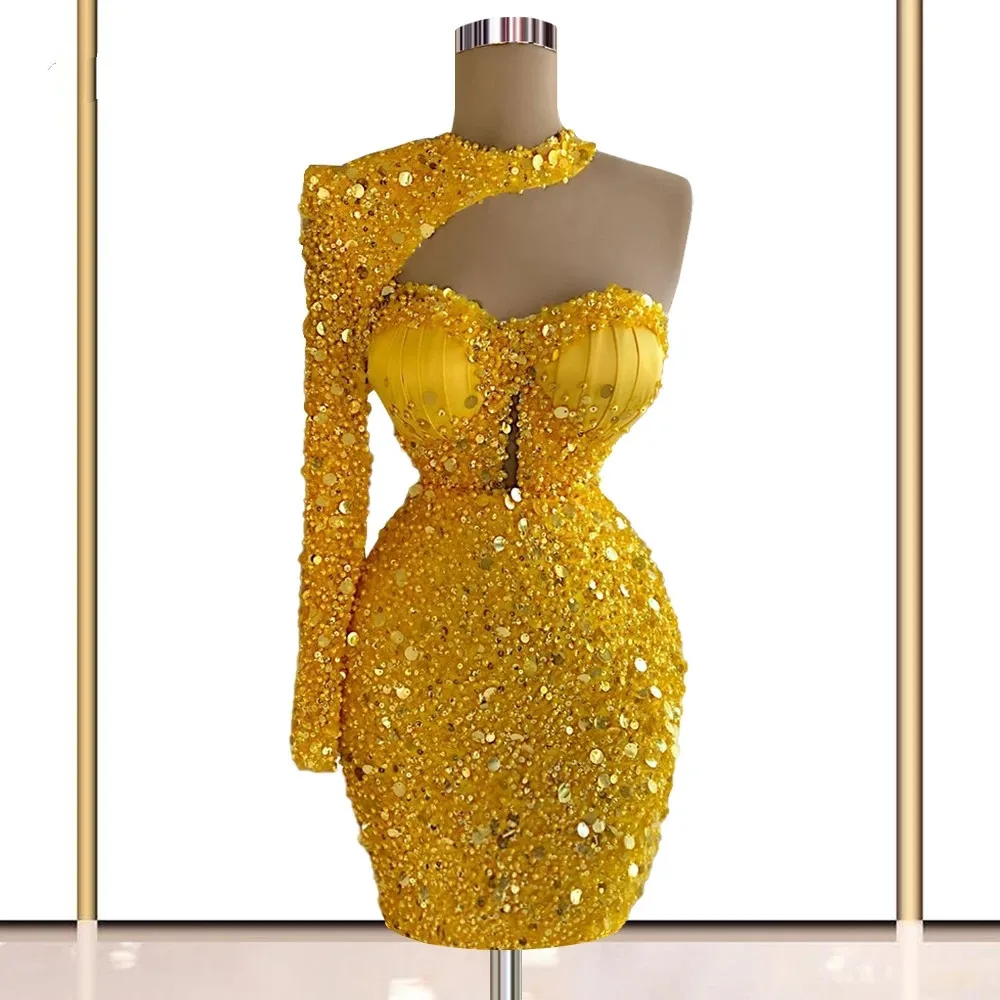 Gold Cocktail Dresses Sheath One-shoulder Short Mini Sequins Pearls Homecoming Dresses Haute Couture Customized