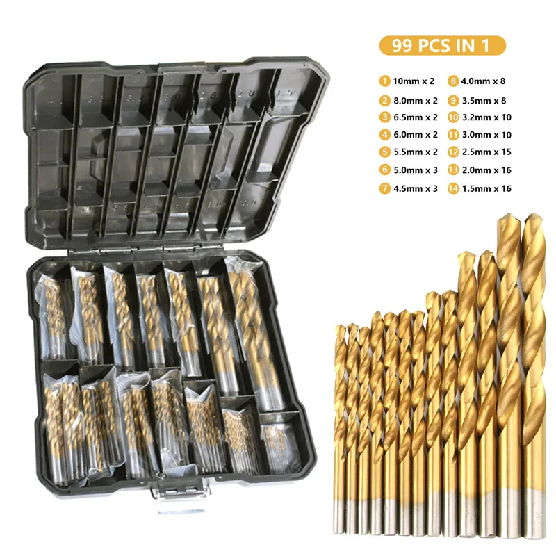 

99pc Plastic Box Drill 1.5-10mm Drilling Tool Set Straight Shank Fried Dough Twists Drill High Speed Steel Titanium Plated