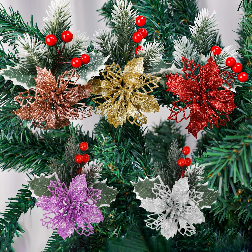 thumbnail image 2 of 5/1 piezas de flores artificiales con purpurina, bayas rojas para Navidad, adornos para árbol de Navidad, regalos de Año Nuevo para decoraciones de bodas y fiestas, 2 of 6