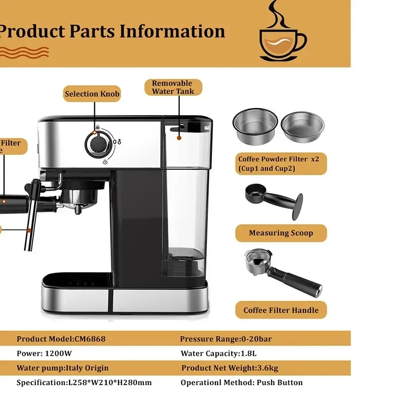 CM6868 Coffee Maker 20 Bar Italian Espresso Machine With Milk Frother Wand for Espresso, Cappuccino, Latte and Mocha 1450W 1.8L 4