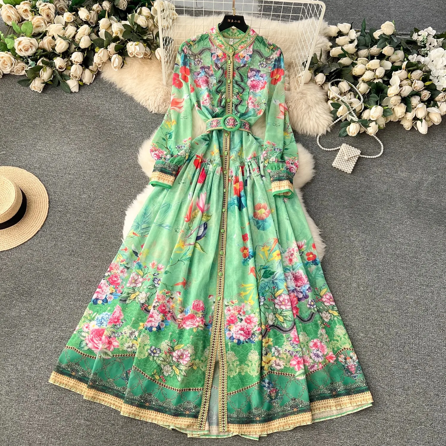 chinese dress ladies Standards & Practices Plus Size Gray Floral Print Chiffon Kimono Wrap Maxi  Dress - Olivia main image 1