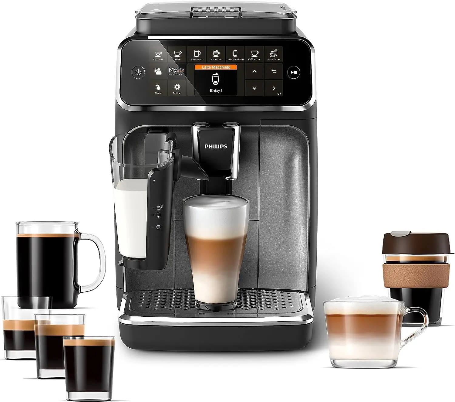 

4300 Series Fully Automatic Espresso Machine - LatteGo Milk Frother, 8 Coffee Varieties, Intuitive Touch Display, Black