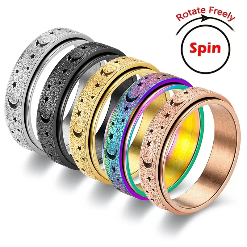 Stainless Steel Spinner Ring Anxiety Rings For Women Men Hollow Star Moon Rotatable Frosted Ring Fidget Ring Stress Relief Rings stainless steel rotatable chain couple ring anxiety multifunctional jewelry fashion 6mm fidget spinner rings power sense gifts