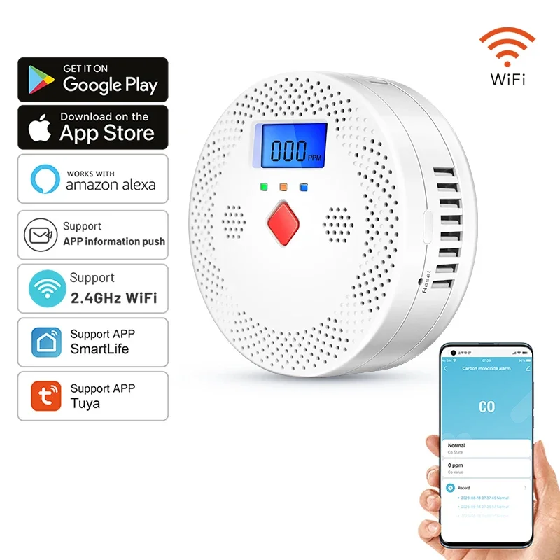 Tuya Smart WiFi Carbon Monoxide Alarm Real-time CO Detection App Control Works With Alexa Google Assistant Compatible