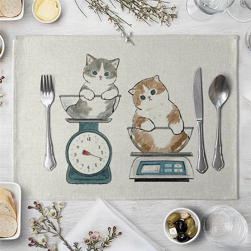 Cat Decorations Placemat Polysterflax Blended Yarn Dining Table Mats Coaster Bowl Coffee Cup Mat Napkin