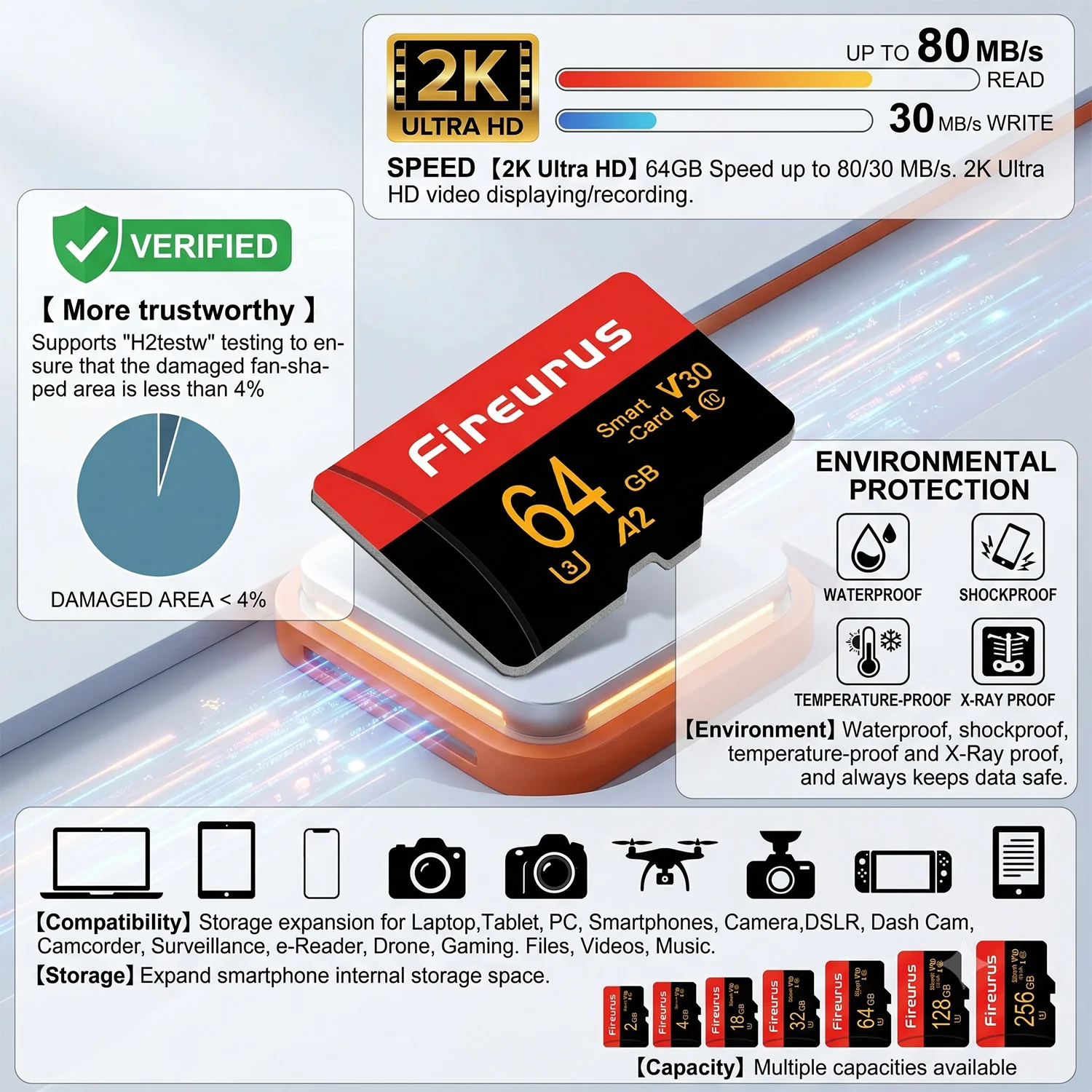 새로운 V30 A2 U3 TF/SD 카드 고속 플래시 메모리 카드 256GB 128GB 64GB 32GB 다양한 기기용 고용량 메모리 카드 마이크로 TF/SD