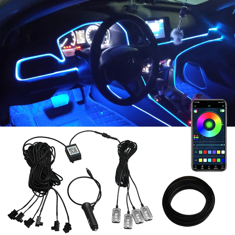 LED 자동차 분위기 조명, 광섬유 RGB 다중 모드, 앱 사운드 제어, 자동차 인테리어 장식, 앰비언트 네온 램프, 블랙