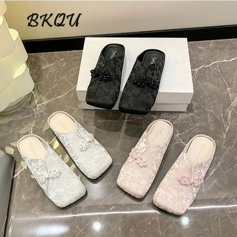 BKQU 2024 Bao Head Half Slippers Women Wear Summer New Super Hot Flat Mule Shoes New Chinese Style Wind Sandals