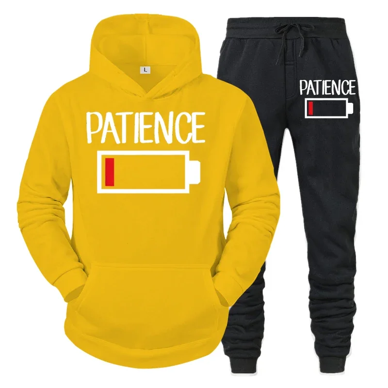 thumbnail image 1 of Conjunto de 2 piezas de sudadera y pantalones divertidos con estampado de batería "PATIENCE" para hombre, sudadera de manga larga, chándal, ropa deportiva unisex, 1 of 5
