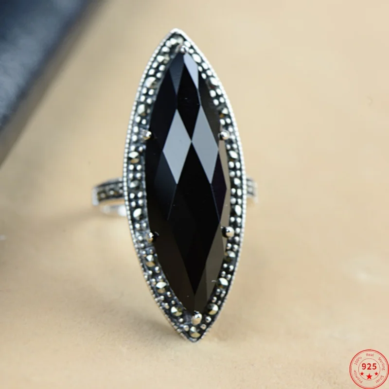 S925 Sterling Silver Charms Rings for Women Men Tangent Plane Black Agate Micro Marcasite Fashion Argentum  Jewelry Wholesale