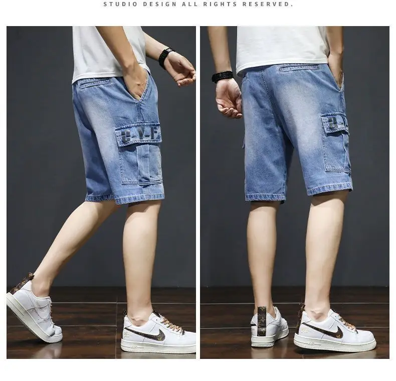 Harajuku Fashion Drawstring Designer Korean Luxury Boyfriend Multi Pocket Loose Casual Denim Jeans Men Summer Knee Length Shorts