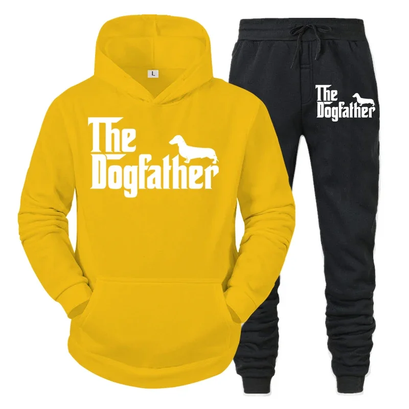 Conjunto de dos piezas "El Dogfather" Divertido chándal casual para amantes de los perros salchichas para hombre Otoño Conjunto de ropa deportiva holgada con capucha estilo hip hop con animales