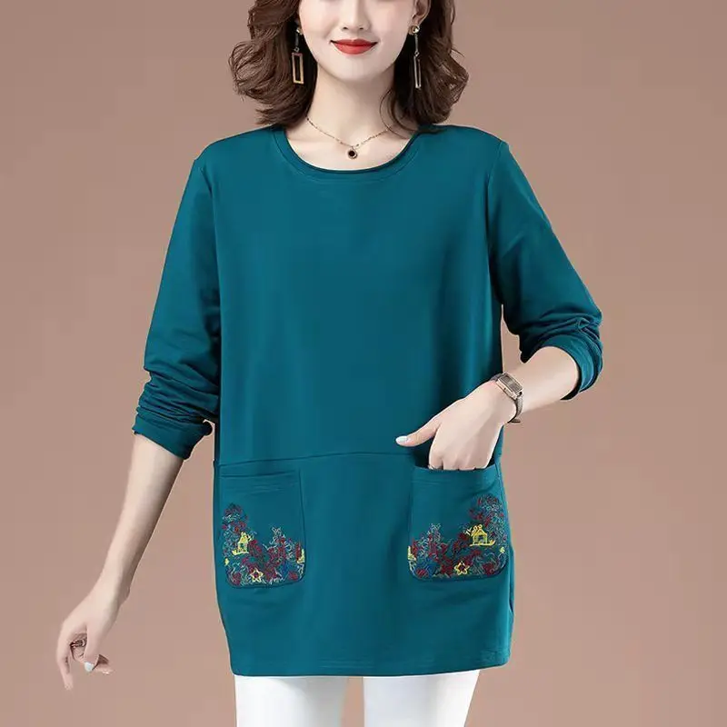 Women's Solid Color Round Neck Patchwork Pocket Embroiled Hoodies Spring Autumn Loose Long Sleeved Pullover Casual T-shirt Tops