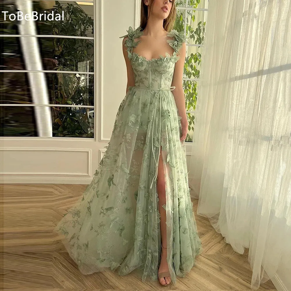 New Green Butterfly Lace Prom Dress Spaghetti Strap Side Split