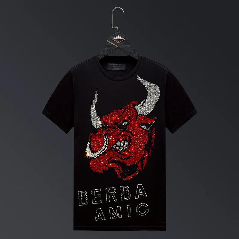 

2023 New Bull Rhinestones T Shirts Men Brand Short Sleeve Fashion Man Streetwear O Neck Slim Modal Cotton T-shirt Plus Size 6XL