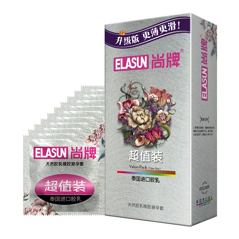 100 Pcs/pack ELASUN Ultra Thin Condoms Contraception Device Large Oil Quality Natural Latex for Her Rubber Condoms for Men