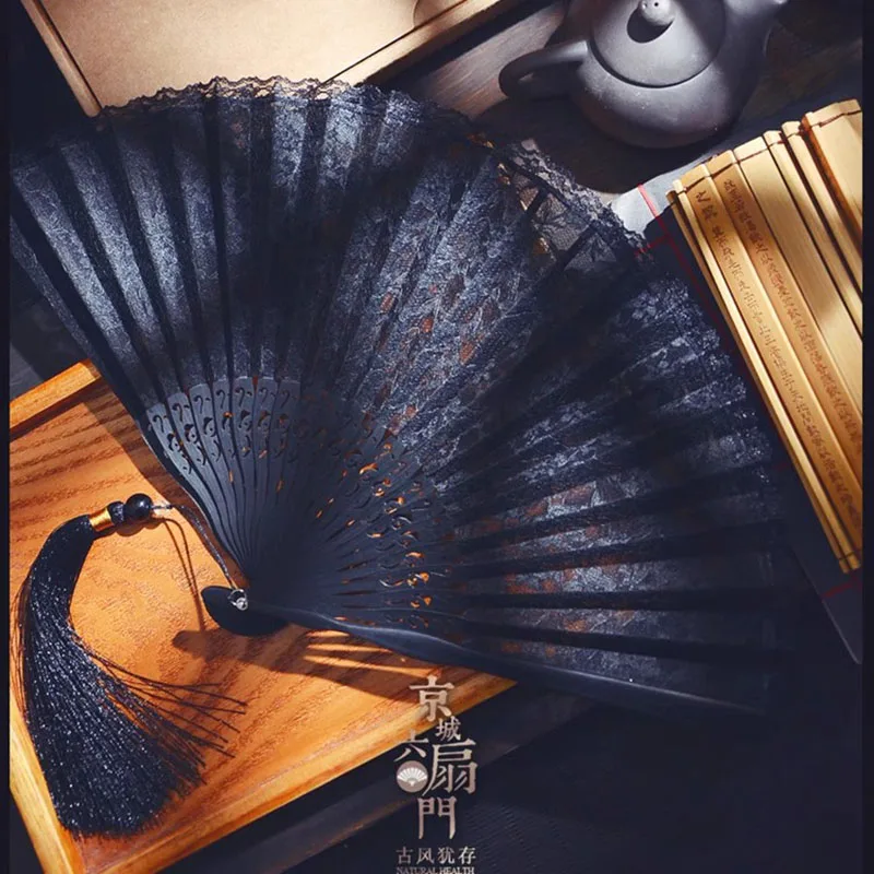 Chinese Style Black Lace Folding Fan Qipao Dance Fan Summer Cooling Performance Classical Chinese Fan