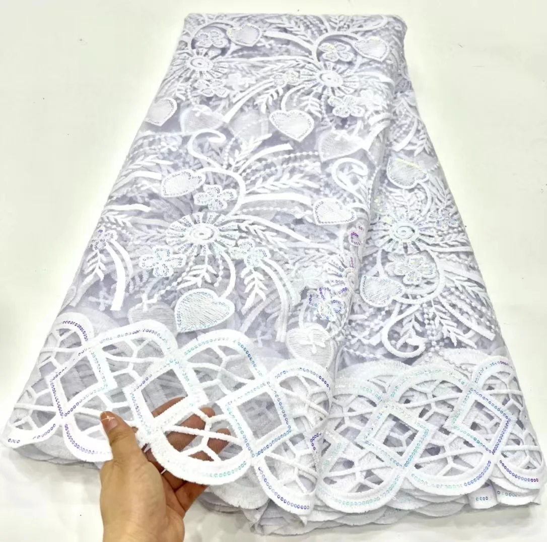 

5 Yards Pure White French Sequins Tulle Embroidered Lace Fabric 2023 High Quality Nigerian Mesh Lace Fabric For Women Prom Dress