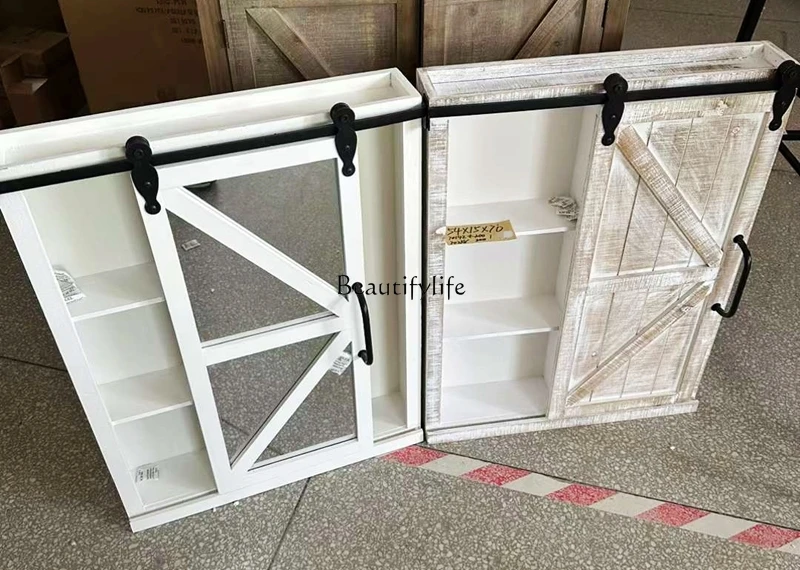 

American-Style Village Style Vintage Distressed Wooden Sliding Door Mirror Wall Hanging Cabinet Wall Mount