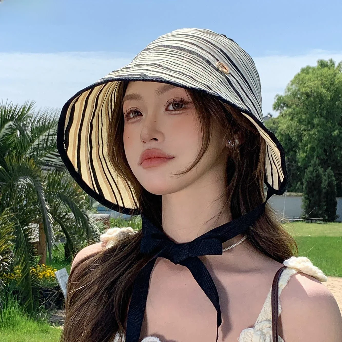 레트로 스트라이프 끈 넓은 챙 여성용 야외 햇빛 가리개 모자 봄 여름 얼굴 슬리..