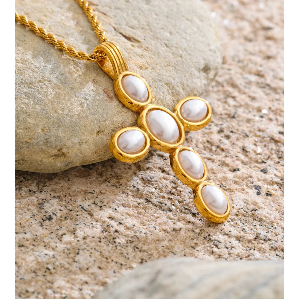 Yhpup Simulated Pearls Pendant Necklace 18K Golden PVD Plated Stainless Steel