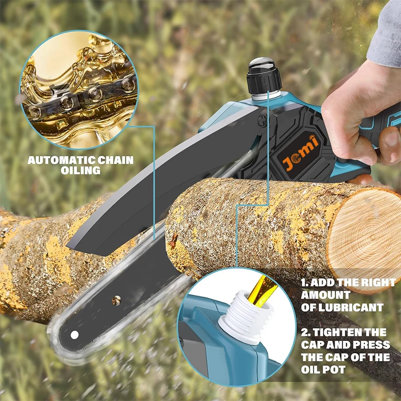Jemi Tool 21V Portable Mini Electric Pruning Saw with Automatic Lubrication System, Cordless Chainsaw, Wood Cutting Tool 4