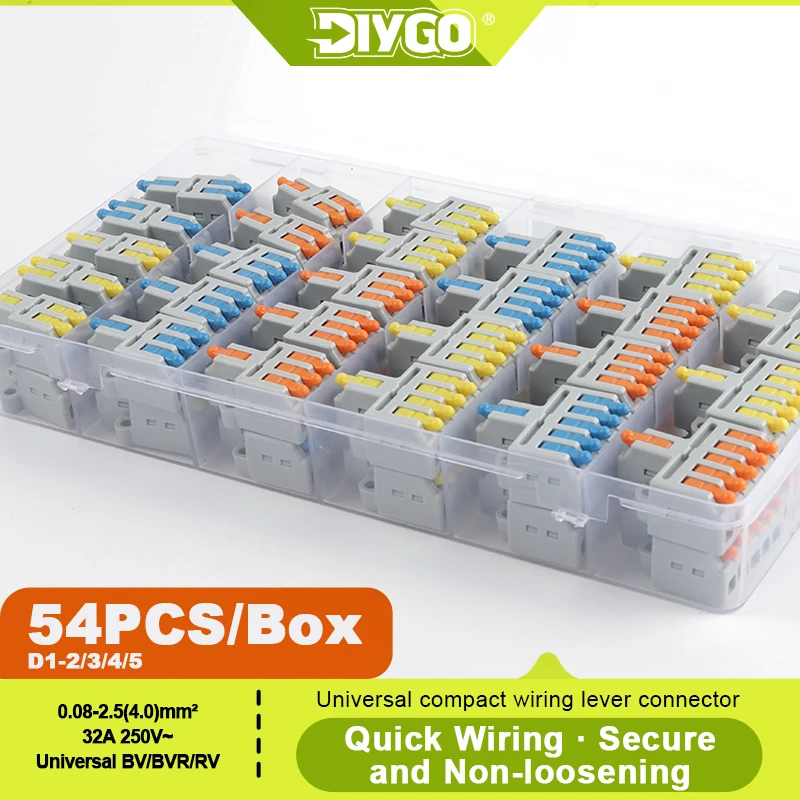 DIY GO 54-teiliges Schnellverbinder-Set, Kompakte Kabelverbinder, 1-in-2/3/4/5-Ausgang Inline-Spleißklemmen, 28-12 AWG