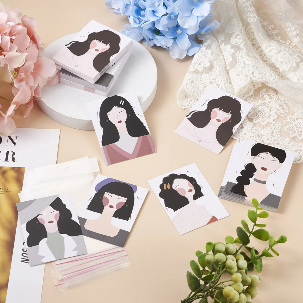Kissitty 120Pcs/Set 6 Style Rectangle Cardboard Earring Display Cards With Cellophane Bags For Jewlery Display 6X8cm