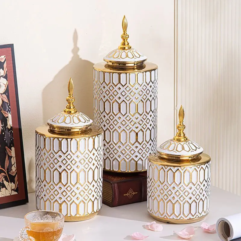 Ceramic Checkmate Jar Porcelain Jar of Ginger Flower Vase Gold Geometric Storage Tank Flower Arranging Craft Home Decoration 4