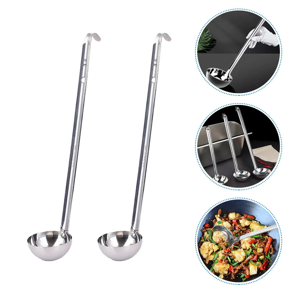 2 Pcs Hooked Ladle Sauces Ladles Safe to Use Spoon Metal for Soup Serving Food Polished Restaurant Bulk Stainless Steel