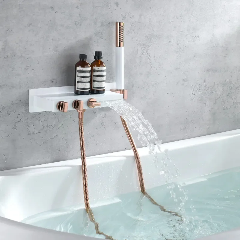 Faucet Set Bathroom Wall Mounted White Rose Gold Solid Brass Big Plate Bathtub Waterfall Shower Set Newly