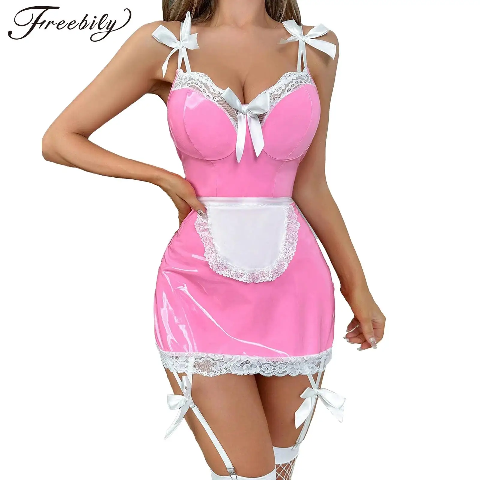 

Women Sexy Maid Uniform Halloween Theme Party Cosplay Costume Glossy Lace Sheer Mesh Backless Dress with Apron Garters Nightwear