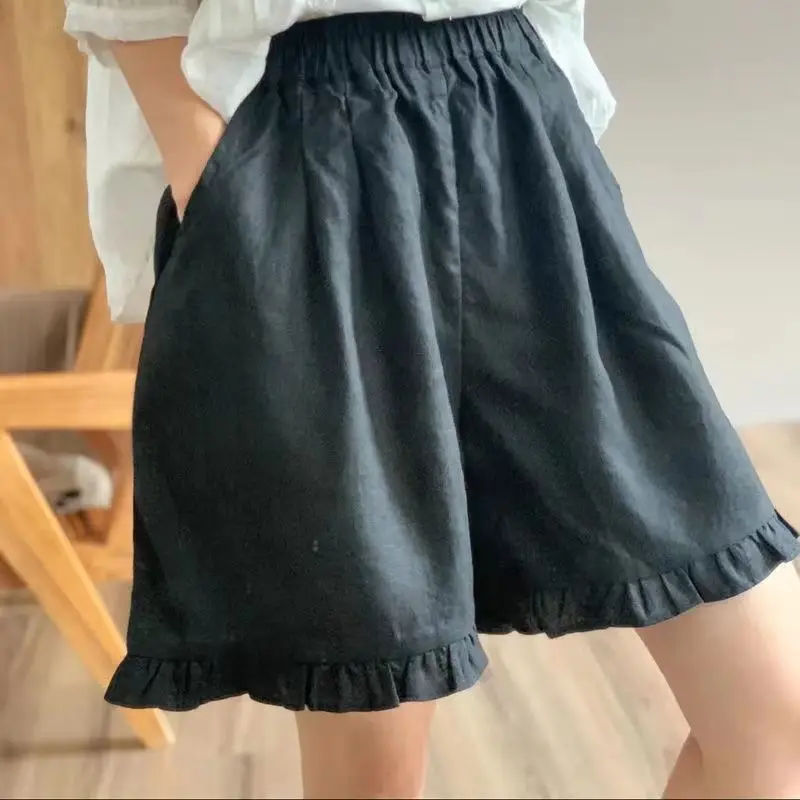 Minimalist Commute 2024 Summer Shorts Women Solid Pockets Ruched Breathable Quick Drying Loose Casual Cotton Hemp Wide Leg Pants