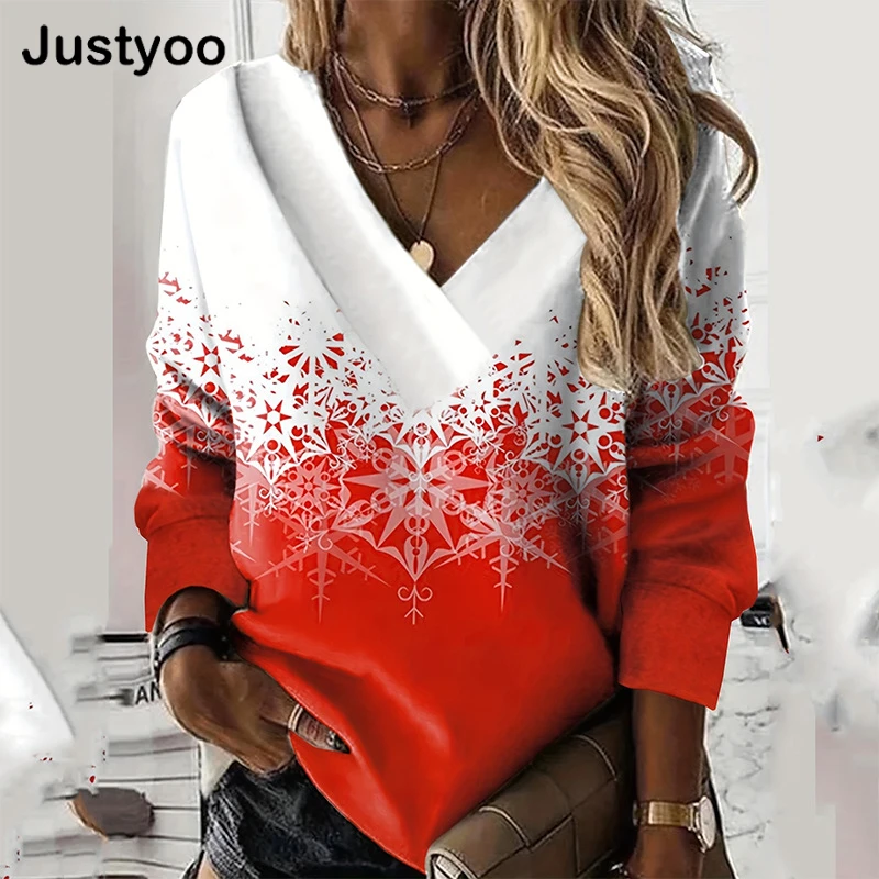 

Осенняя женская футболка с V-образным вырезом, свитшоты с длинным рукавом для женщин, элегантная рубашка с рождественским принтом, женский зимний Повседневный пуловер, 2024