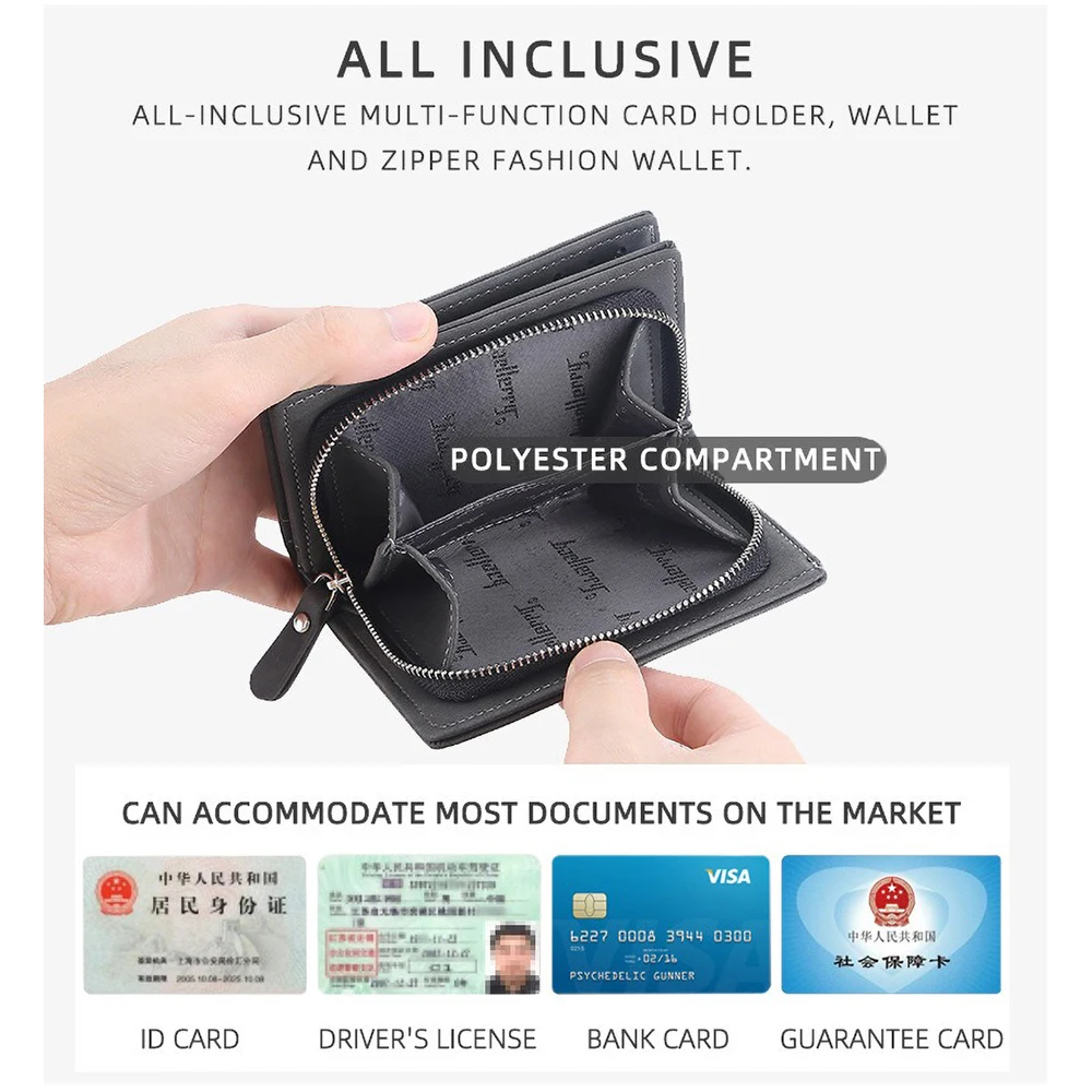 Men's Front Pocket Wallet Slim PU Leather Zipper Closure RFID Protection 10 Card Slots Minimalist