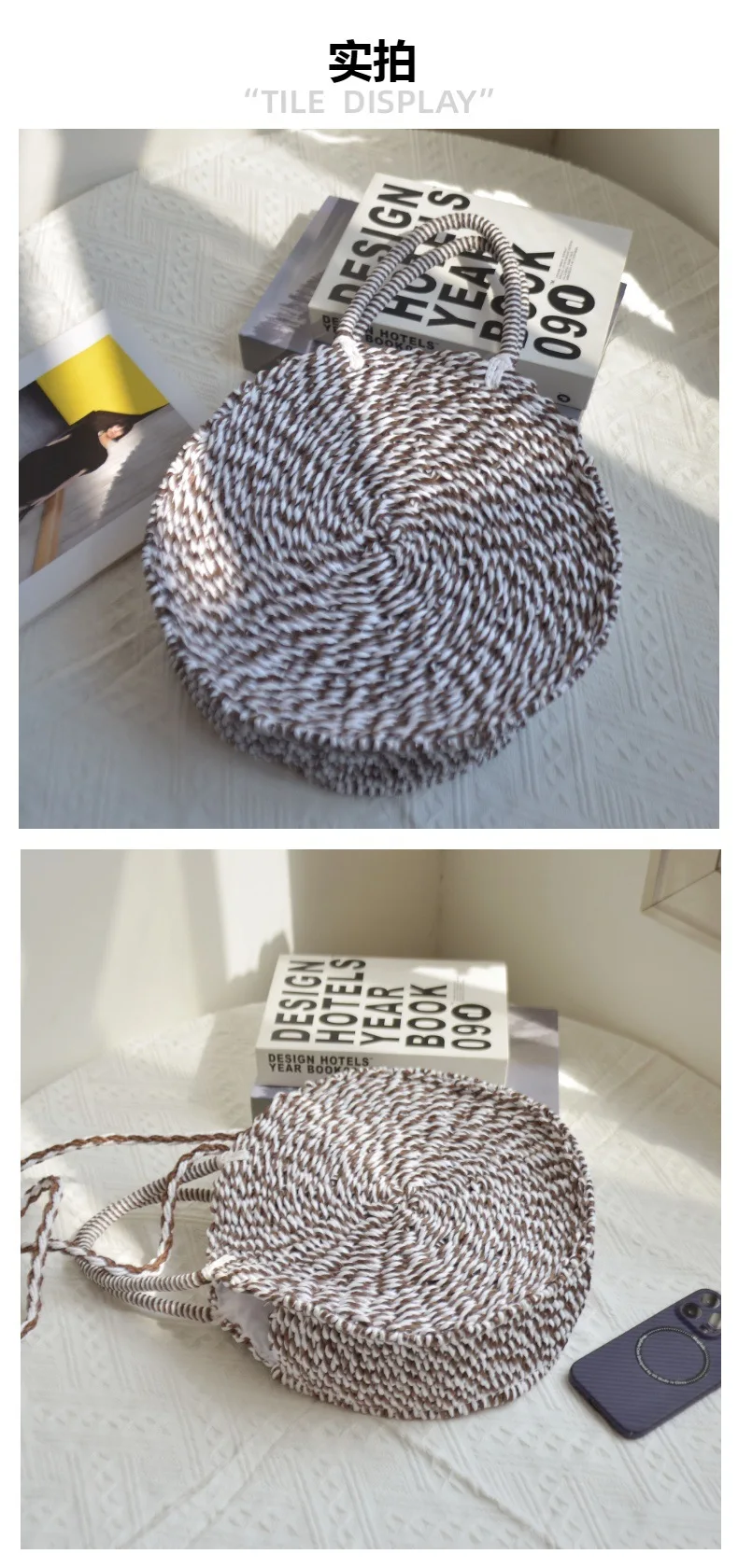 2023 New Women Round Shaped Shoulder Bags Handmade Straw Handbags Totes Striped Beach Bags Drop Shipping