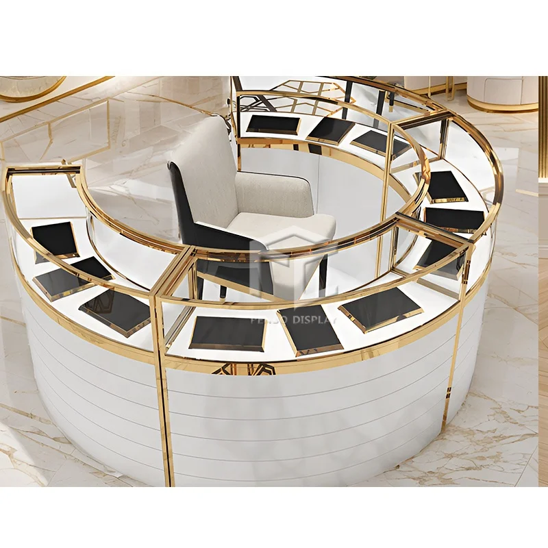 Customized product、High End Custom Jewelry Store Furniture Glass Curve Jewelry Showcases Round Jewelry Showcase With Cabinet
