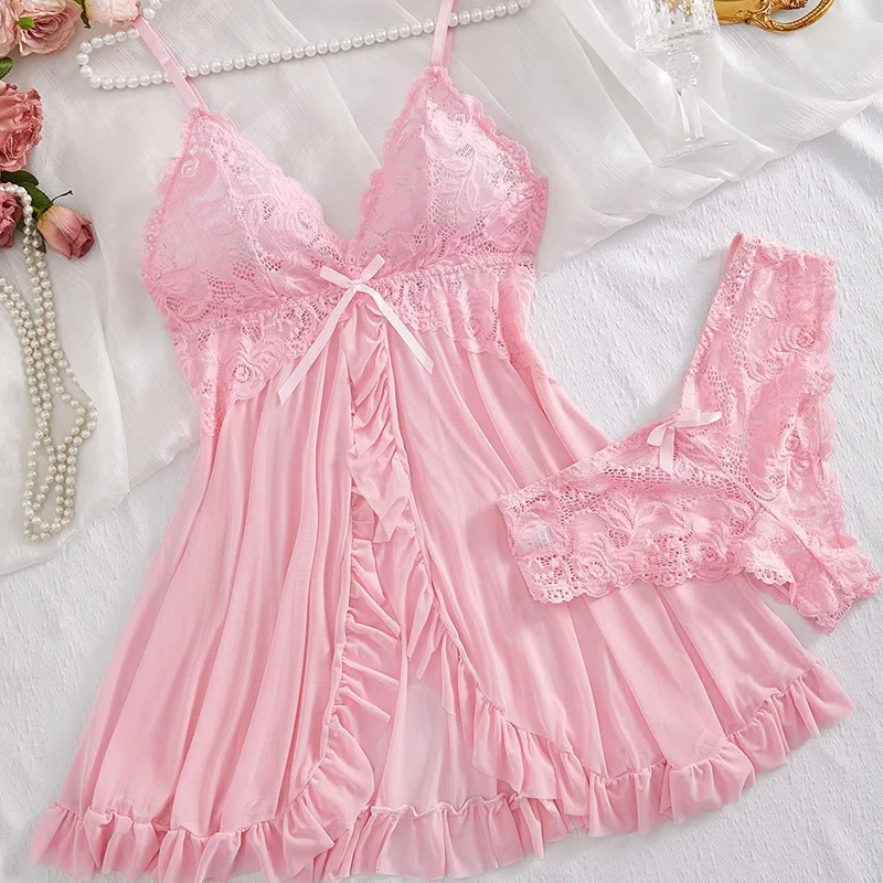 Rosa Transparent Sexy Dessous Frauen Höschen Durchsichtig Nachtwäsche Spitze V-ausschnitt Nachthemd Und Tanga Sets Weibliche Unterwäsche Slips 1