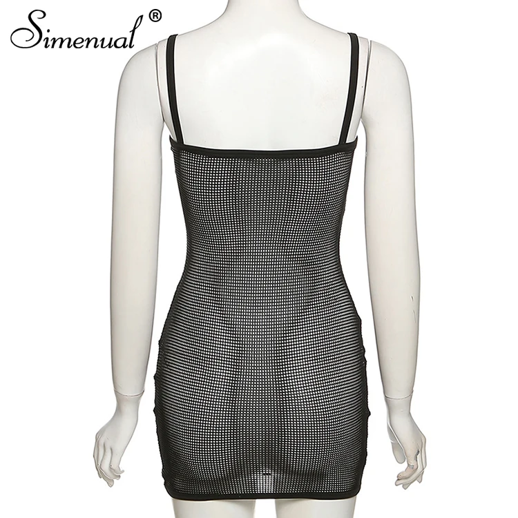 Simenual Chic Dense Mesh See Through Spaghetti Strap Mini Dress Black Sleeveless Sexy Clothes Ladies Undefined Party Clubwear satin dress