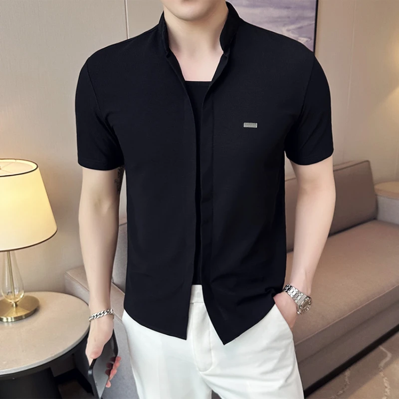 Summer Ice Silk Shirt Men Short Sleeve Casual Shirts Stand Collar - Main Image