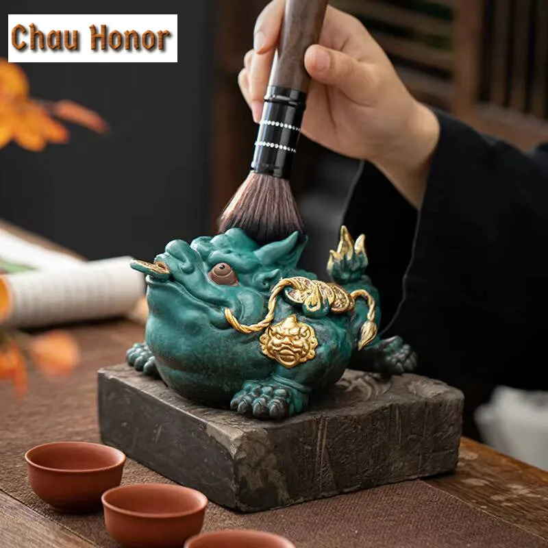 Retro Golden Toad Statue Zisha Yixing Copper Cash Tea Pet Lucky Tea Figurine Ornaments Raise Tea Set Decoration Accessories Gift