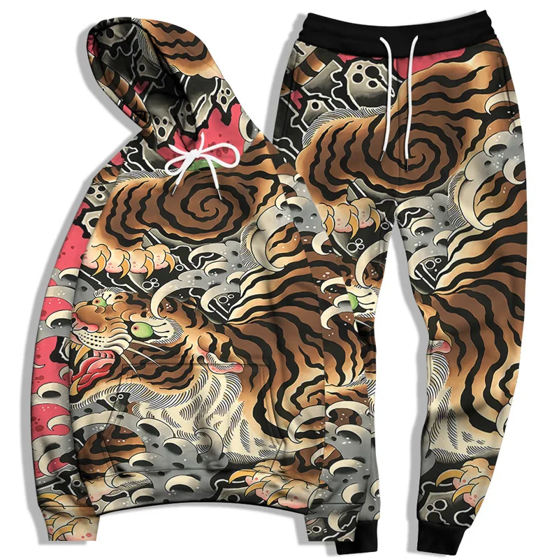 Men's Casual 3D Printed Hoodie Pant Sets Street Sweatshirts