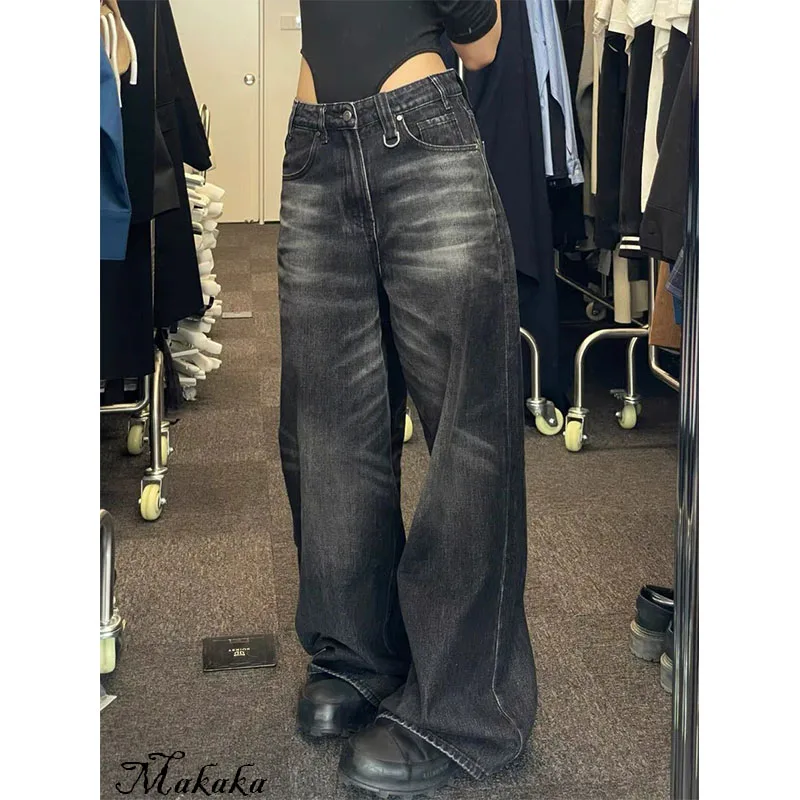 

Vintage Black Wide Leg Jeans for Women, Oversized, High Street, Korean Fashion, Baggy Denim Trousers, Grunge Y2k Female Hip Hop