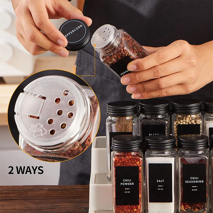 Seasoning Jar 12pcs Seasoning Bottle Set 4oz Square Spice Jars Black Silver Aluminum Wood Lids Jar Kitchen Barbecue Herb & Spice Tools